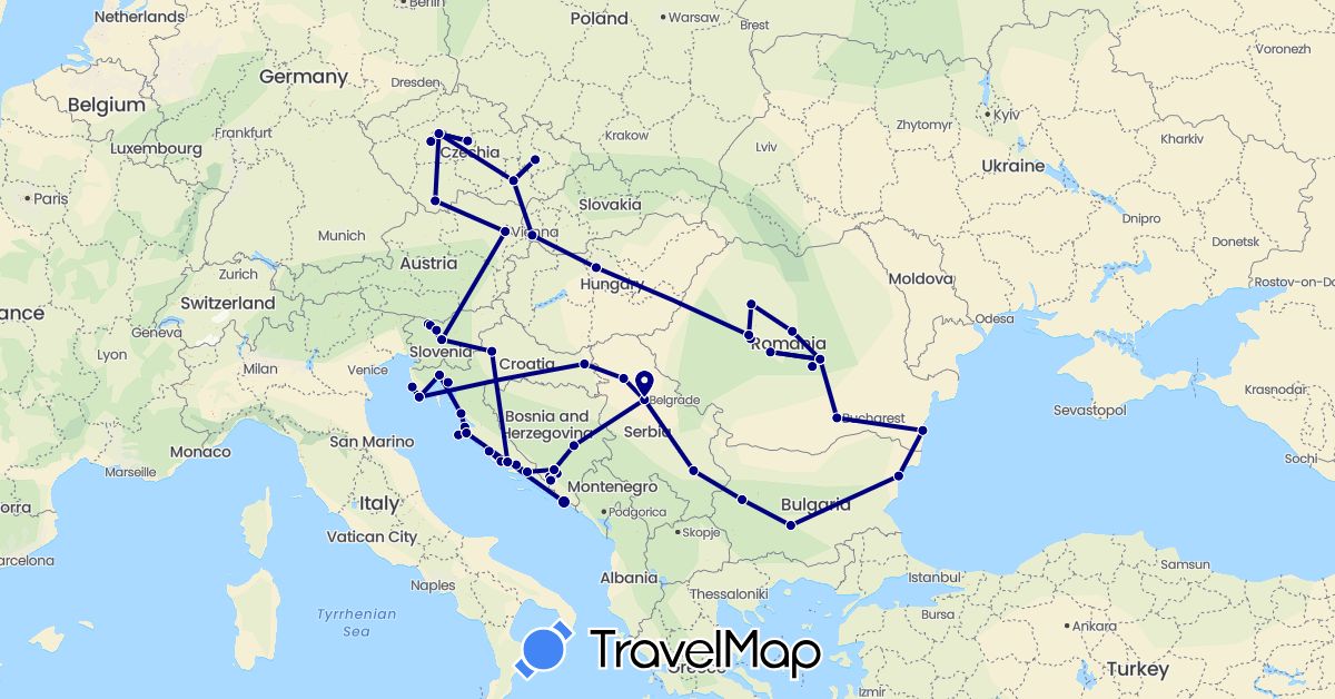 TravelMap itinerary: driving in Austria, Bosnia and Herzegovina, Bulgaria, Czech Republic, Croatia, Hungary, Romania, Serbia, Slovenia, Slovakia (Europe)
