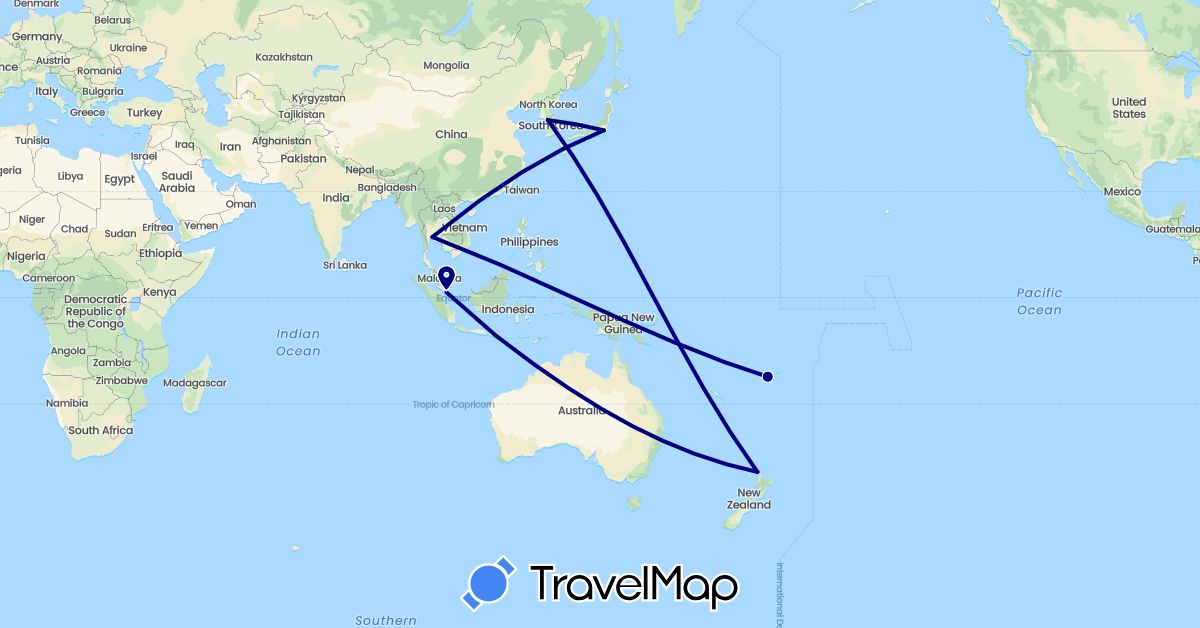 TravelMap itinerary: driving in Fiji, Indonesia, Japan, South Korea, New Zealand, Singapore, Thailand (Asia, Oceania)
